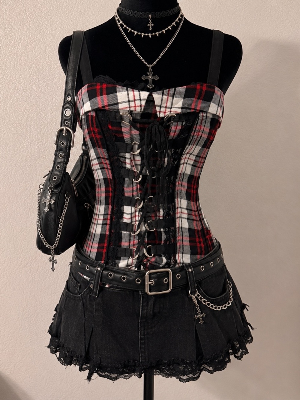 Late 90s Tripp Plaid Lace-Up Corset Top
